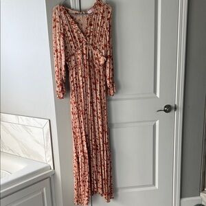 Pink Lily Red and Cream Long Sleeve Maxi Dress